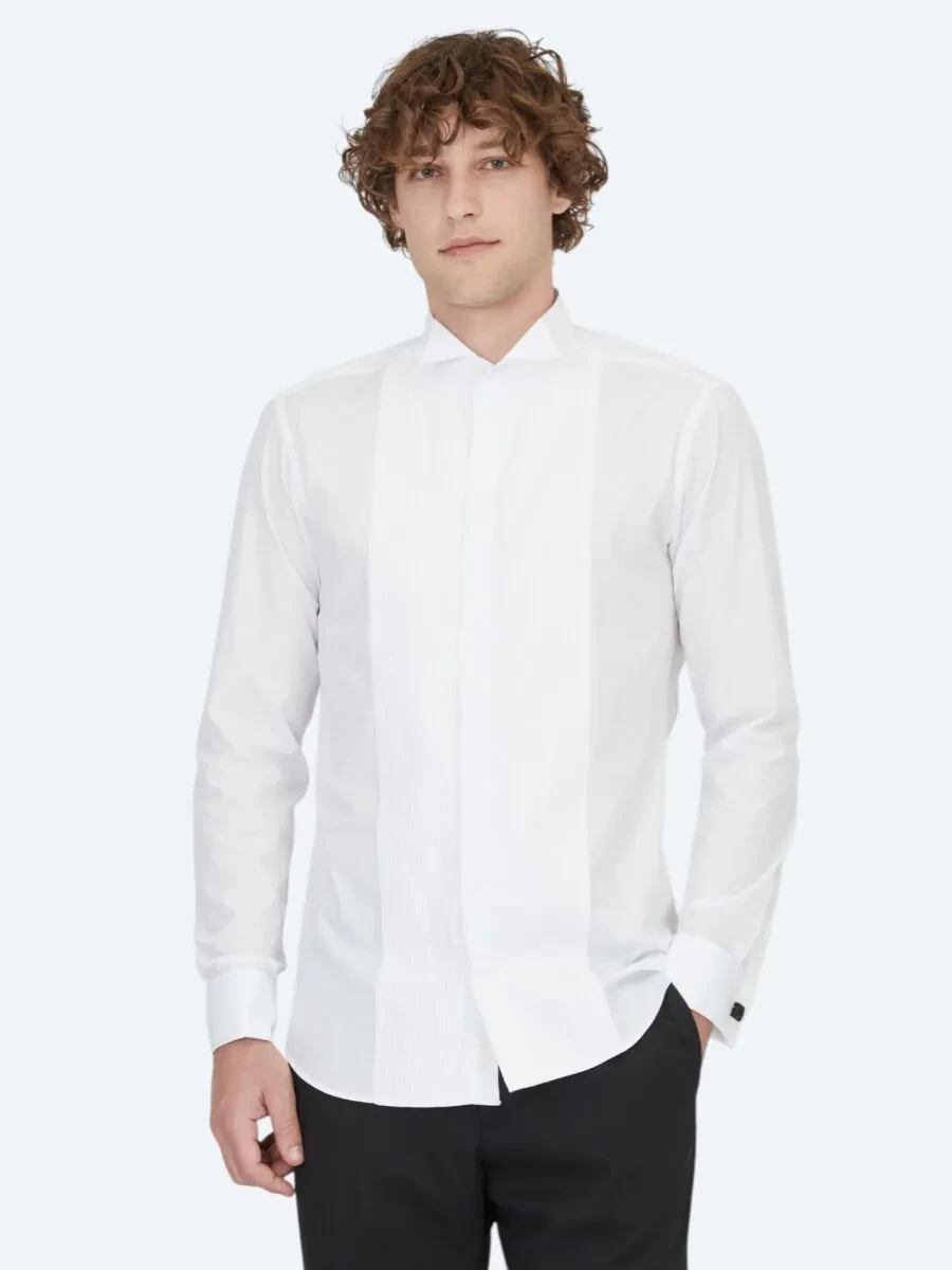 Beyaz Düz Slim Fit Duble Manşet Ata Yaka Smokin Gömlek - 3