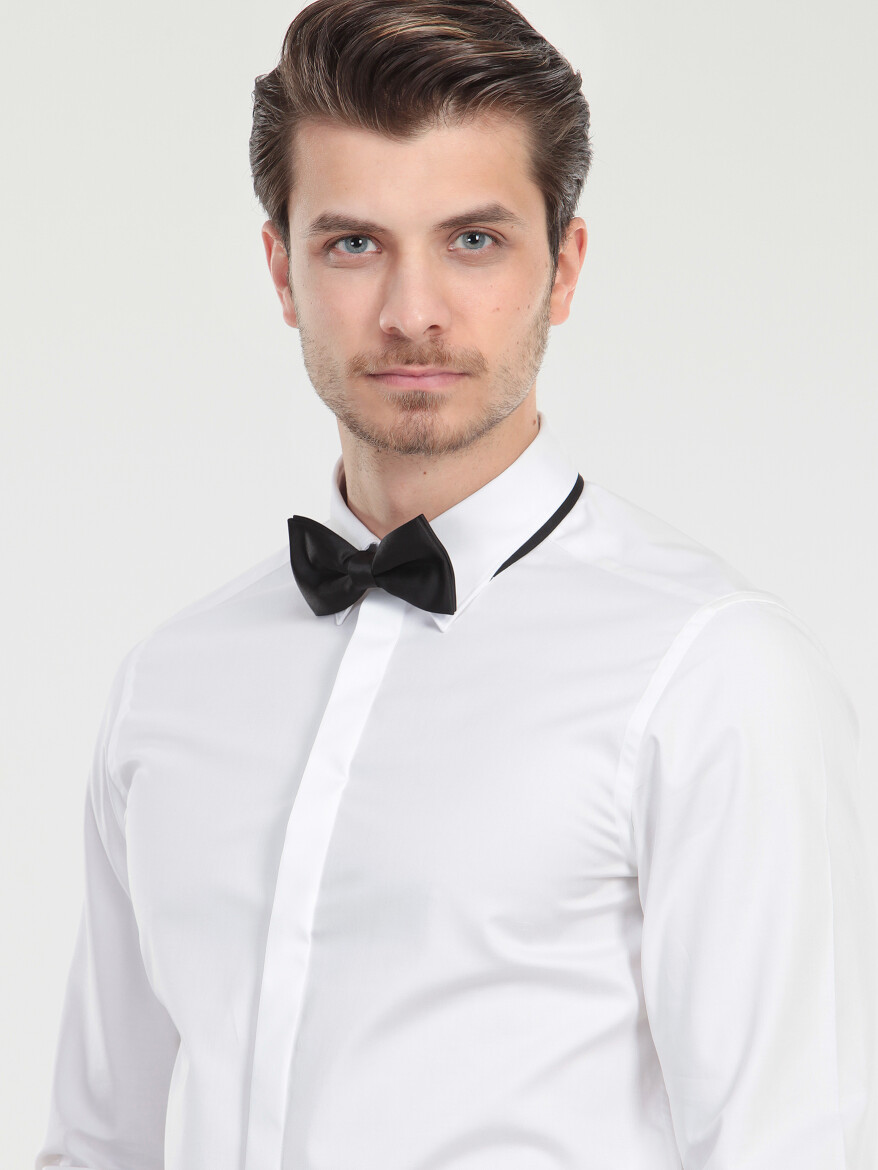 Beyaz Düz Slim Fit Duble Manşet Klasik Yaka Smokin Gömlek - KİP