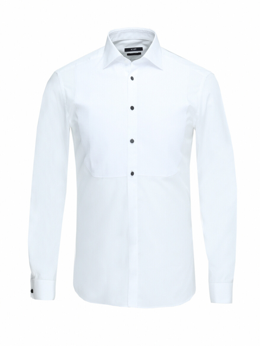 Beyaz Düz Slim Fit Duble Manşet Klasik Yaka Smokin Gömlek - KİP