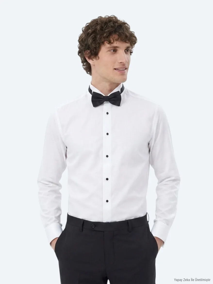 Beyaz Düz Slim Fit Duble Manşet Smokin Gömlek - KİP