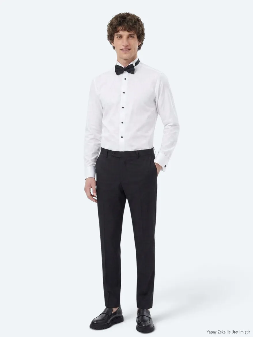 Beyaz Düz Slim Fit Duble Manşet Smokin Gömlek - 4