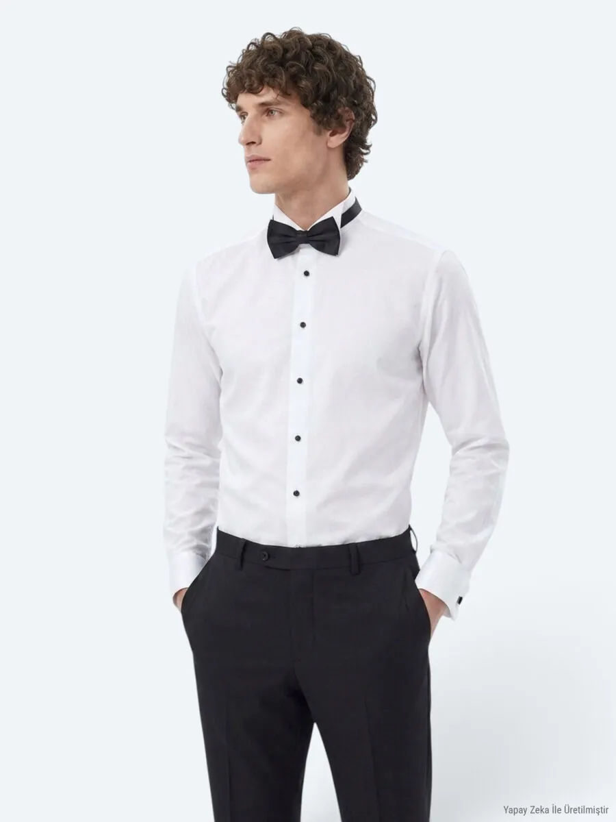Beyaz Düz Slim Fit Duble Manşet Smokin Gömlek - 5