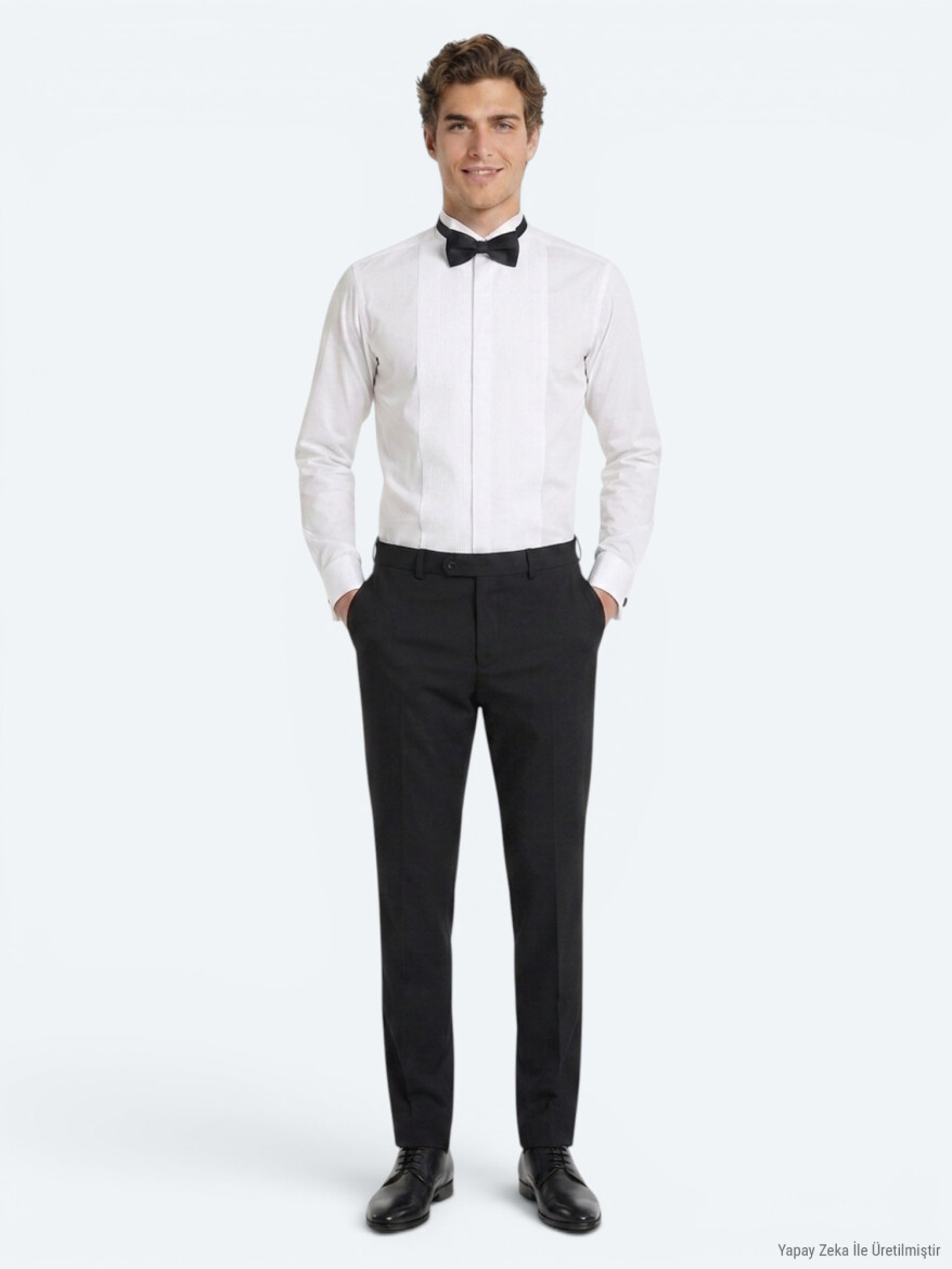 Beyaz Düz Slim Fit Duble Manşet Smokin Gömlek - KİP