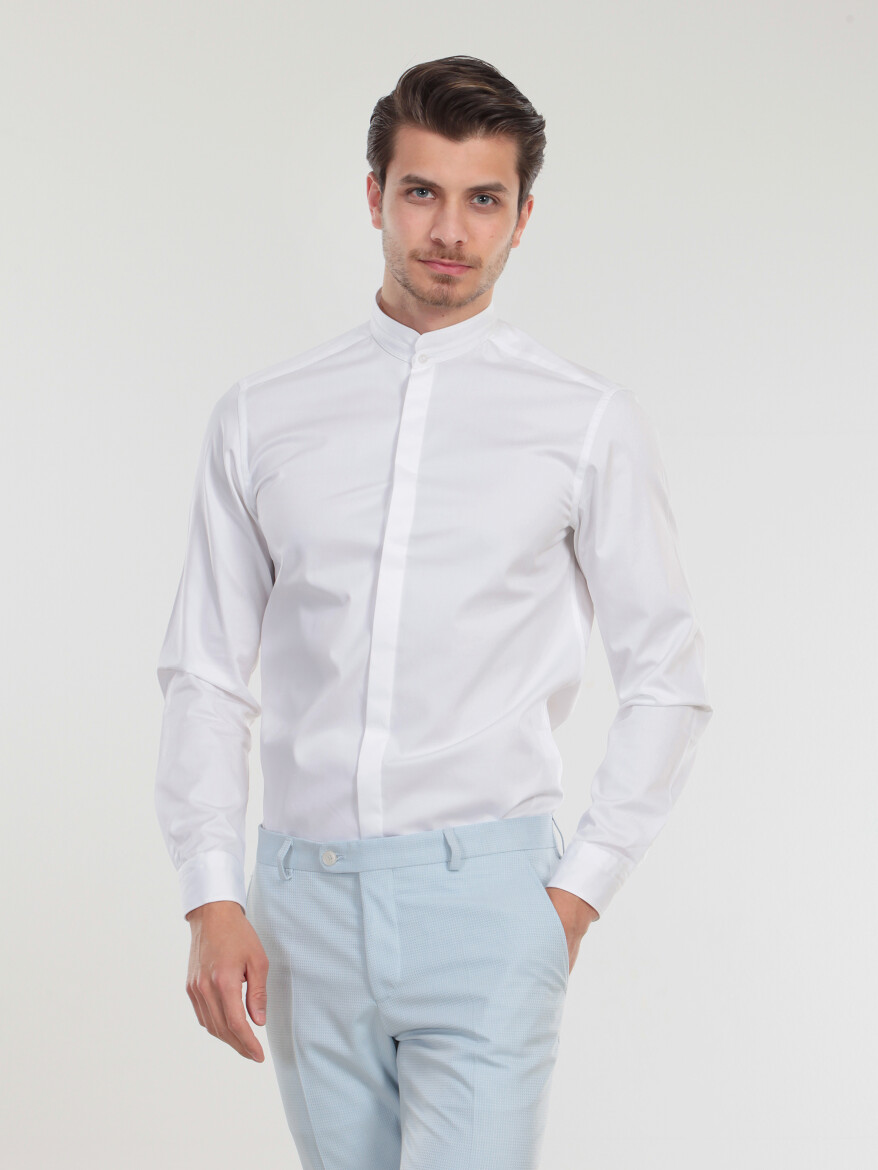 Beyaz Düz Slim Fit Düz Manşet Hakim Yaka Smokin Gömlek - 3