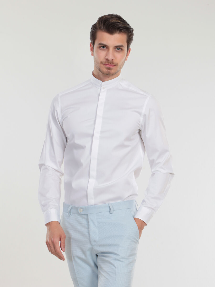 Beyaz Düz Slim Fit Düz Manşet Hakim Yaka Smokin Gömlek - 3