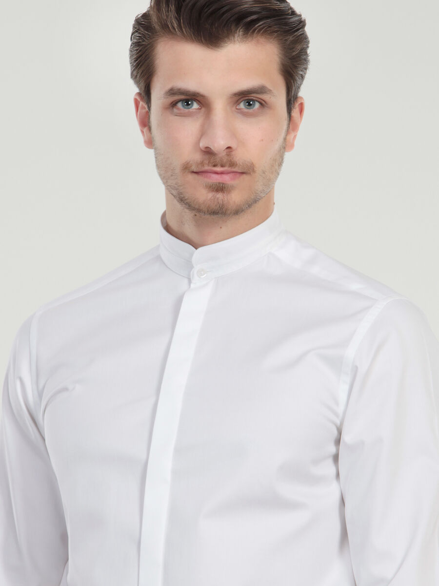 Beyaz Düz Slim Fit Düz Manşet Hakim Yaka Smokin Gömlek - 4