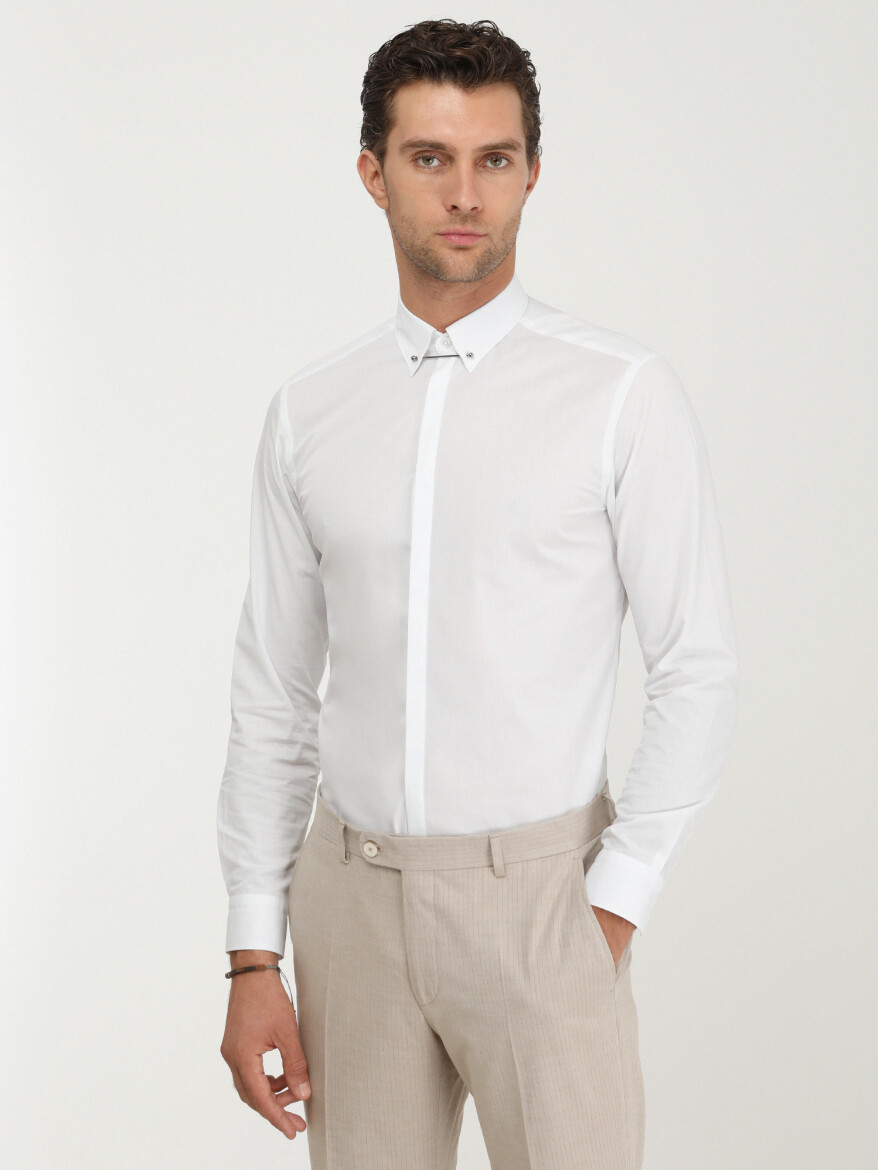 Beyaz Düz Slim Fit Düz Manşet Klasik Yaka Smokin Gömlek - KİP