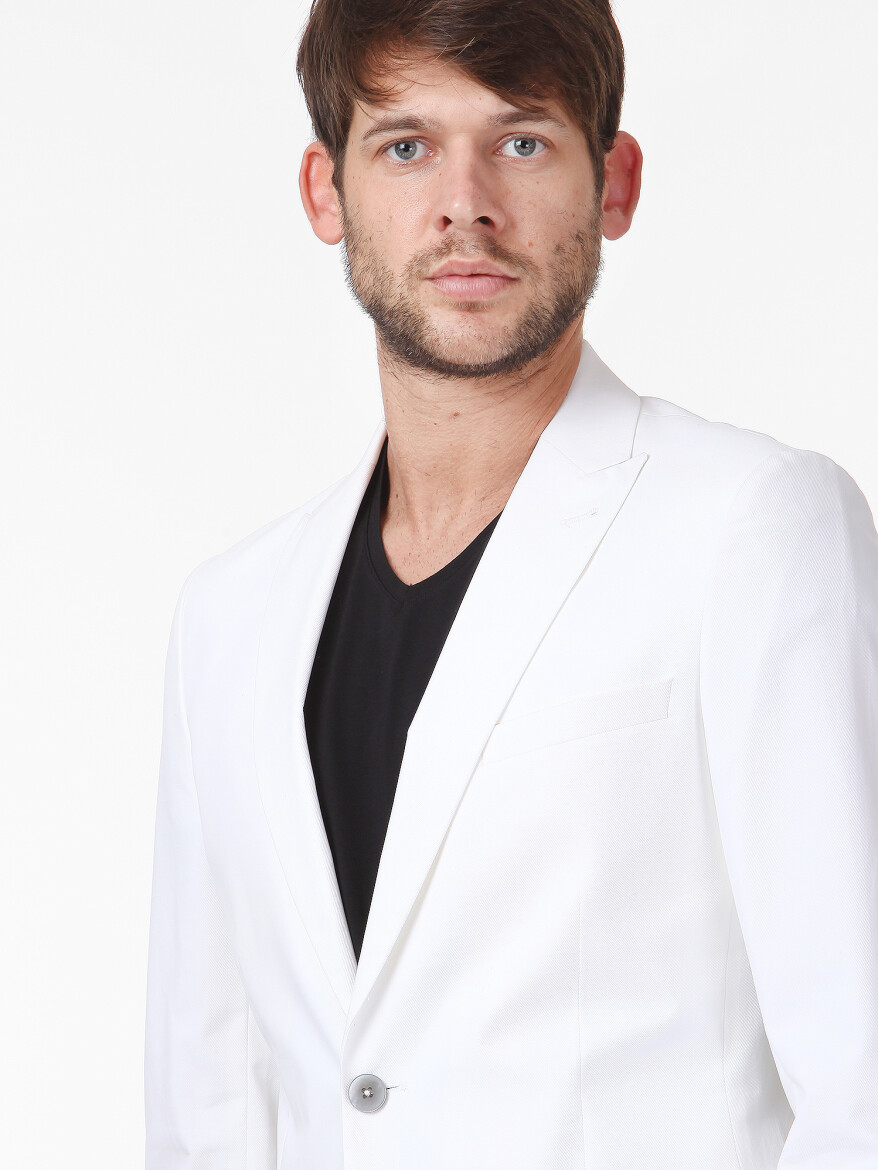 Beyaz Düz Slim Fit Pamuk Karışımlı Ceket - 2