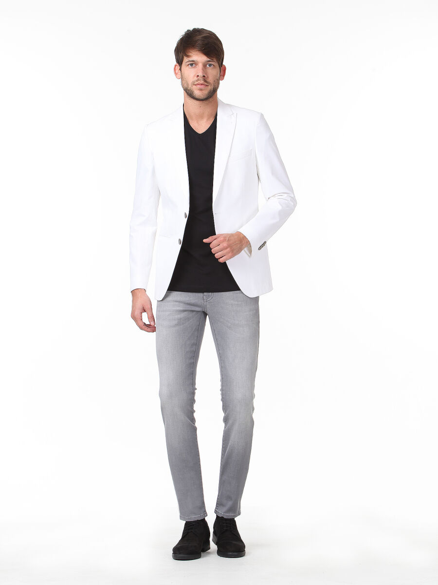 Beyaz Düz Slim Fit Pamuk Karışımlı Ceket - 3