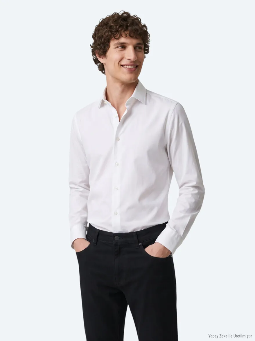 Beyaz Düz Slim Fit Uzun Dokuma Klasik %100 Pamuk Gömlek 
