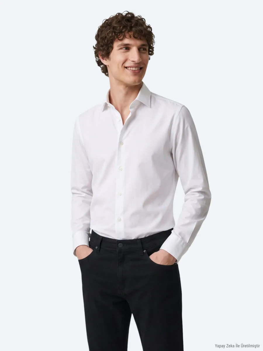 Beyaz Düz Slim Fit Uzun Dokuma Klasik %100 Pamuk Gömlek - 1
