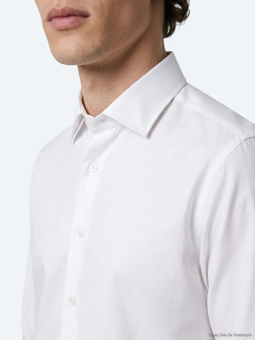 Beyaz Düz Slim Fit Uzun Dokuma Klasik %100 Pamuk Gömlek - 5