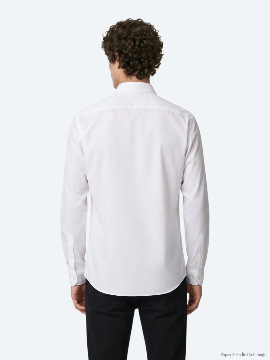 Beyaz Düz Slim Fit Uzun Dokuma Klasik %100 Pamuk Gömlek - 6