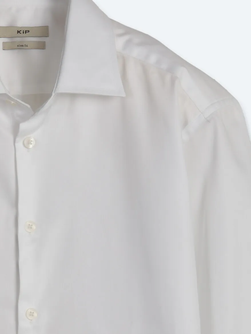 Beyaz Düz Slim Fit Uzun Dokuma Klasik %100 Pamuk Gömlek - 8