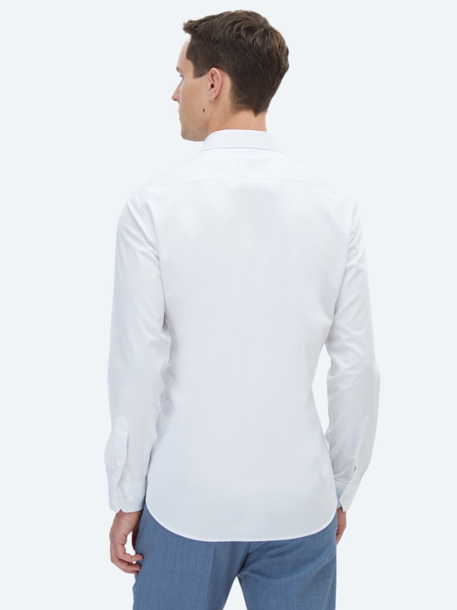 Beyaz Düz Slim Fit Uzun Dokuma Klasik %100 Pamuk Gömlek - 5