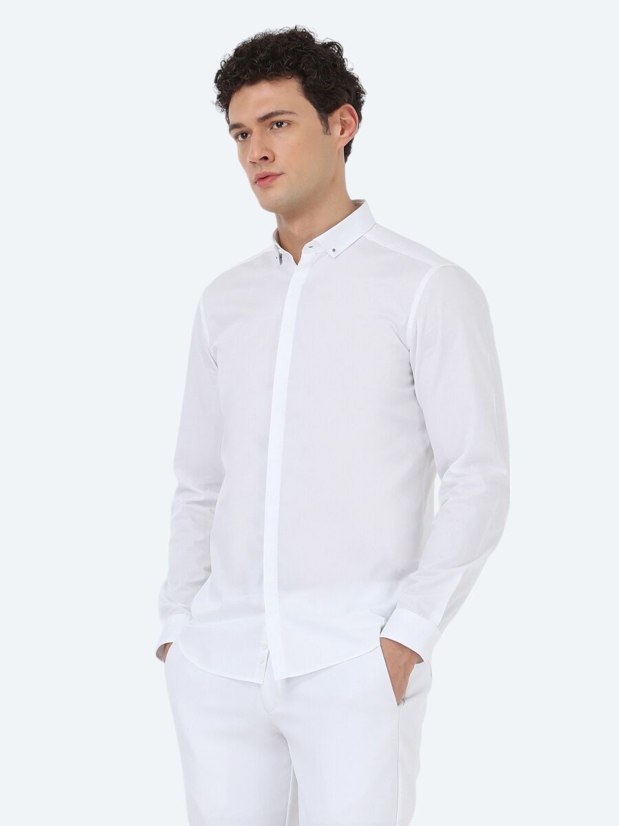 Beyaz Düz Slim Fit Uzun Dokuma Klasik %100 Pamuk Gömlek - 1