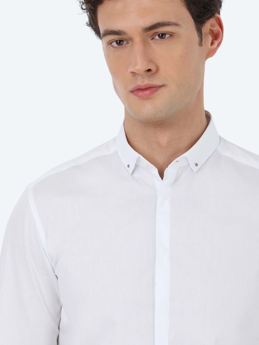 Beyaz Düz Slim Fit Uzun Dokuma Klasik %100 Pamuk Gömlek - 5