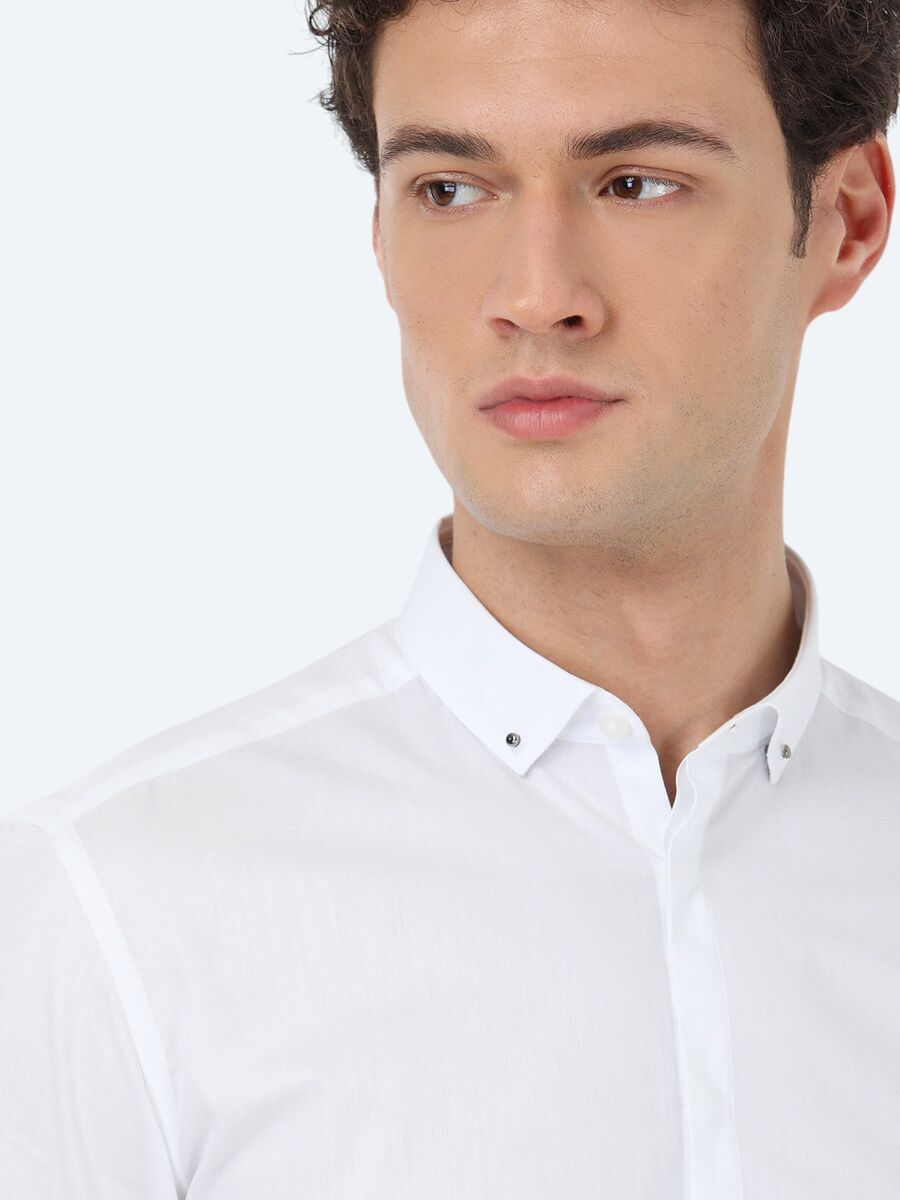 Beyaz Düz Slim Fit Uzun Dokuma Klasik %100 Pamuk Gömlek - 6
