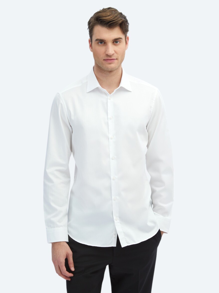 Beyaz Düz Slim Fit Uzun Dokuma Klasik %100 Pamuk Gömlek - 3