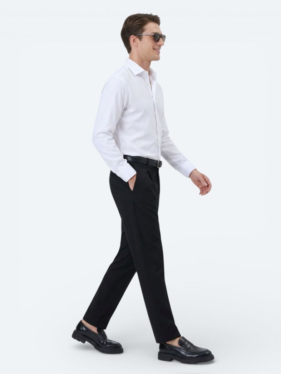 Beyaz Düz Slim Fit Uzun Dokuma Klasik Pamuk Karışımlı Gömlek - 4