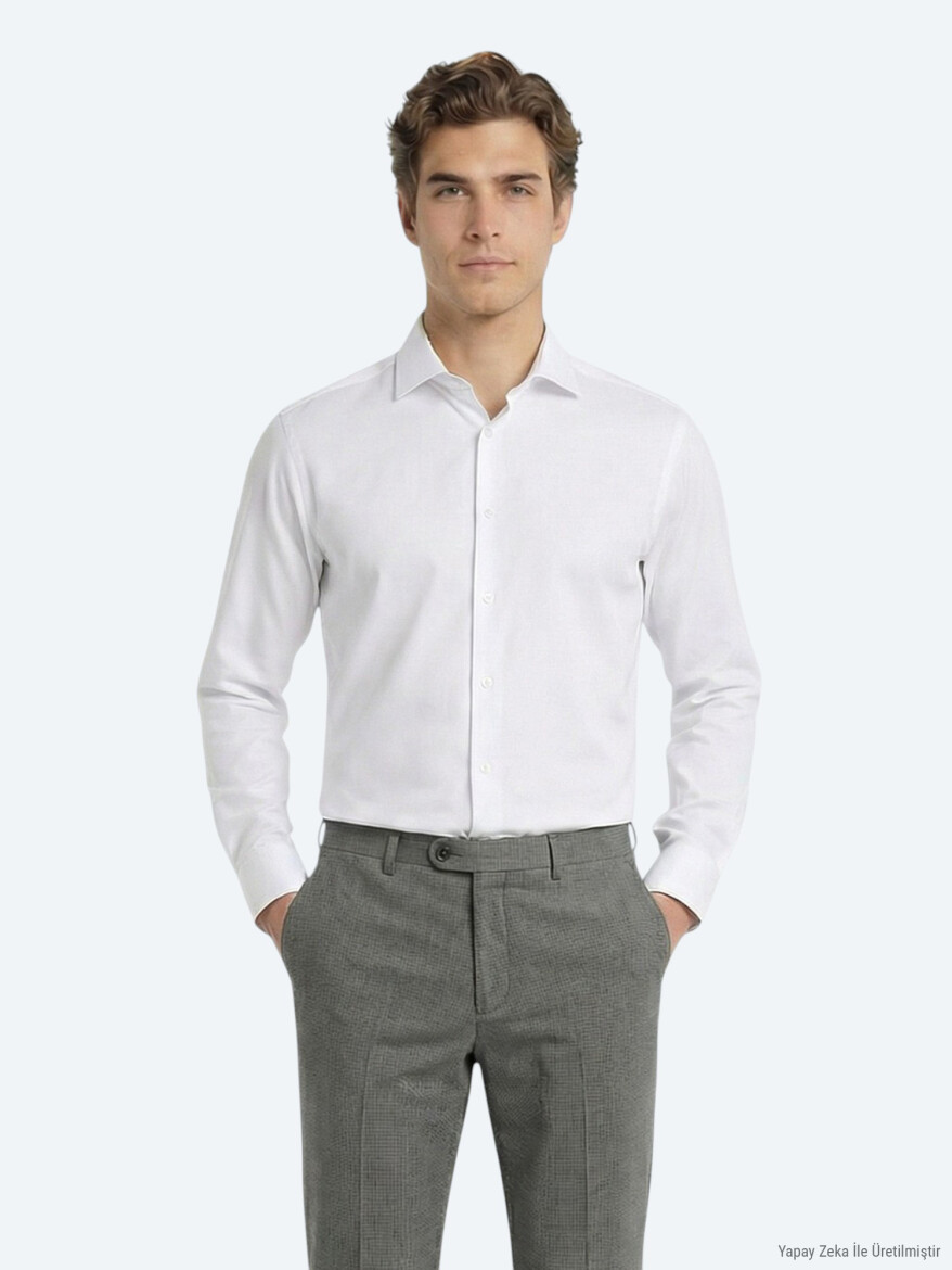 Beyaz Düz Slim Fit Uzun Dokuma Klasik Pamuk Karışımlı Gömlek 