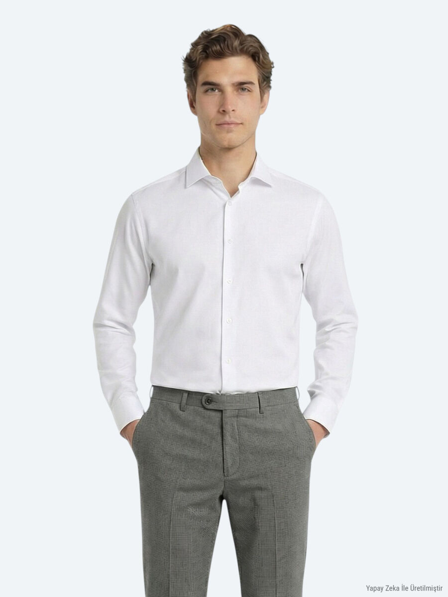 Beyaz Düz Slim Fit Uzun Dokuma Klasik Pamuk Karışımlı Gömlek - 1