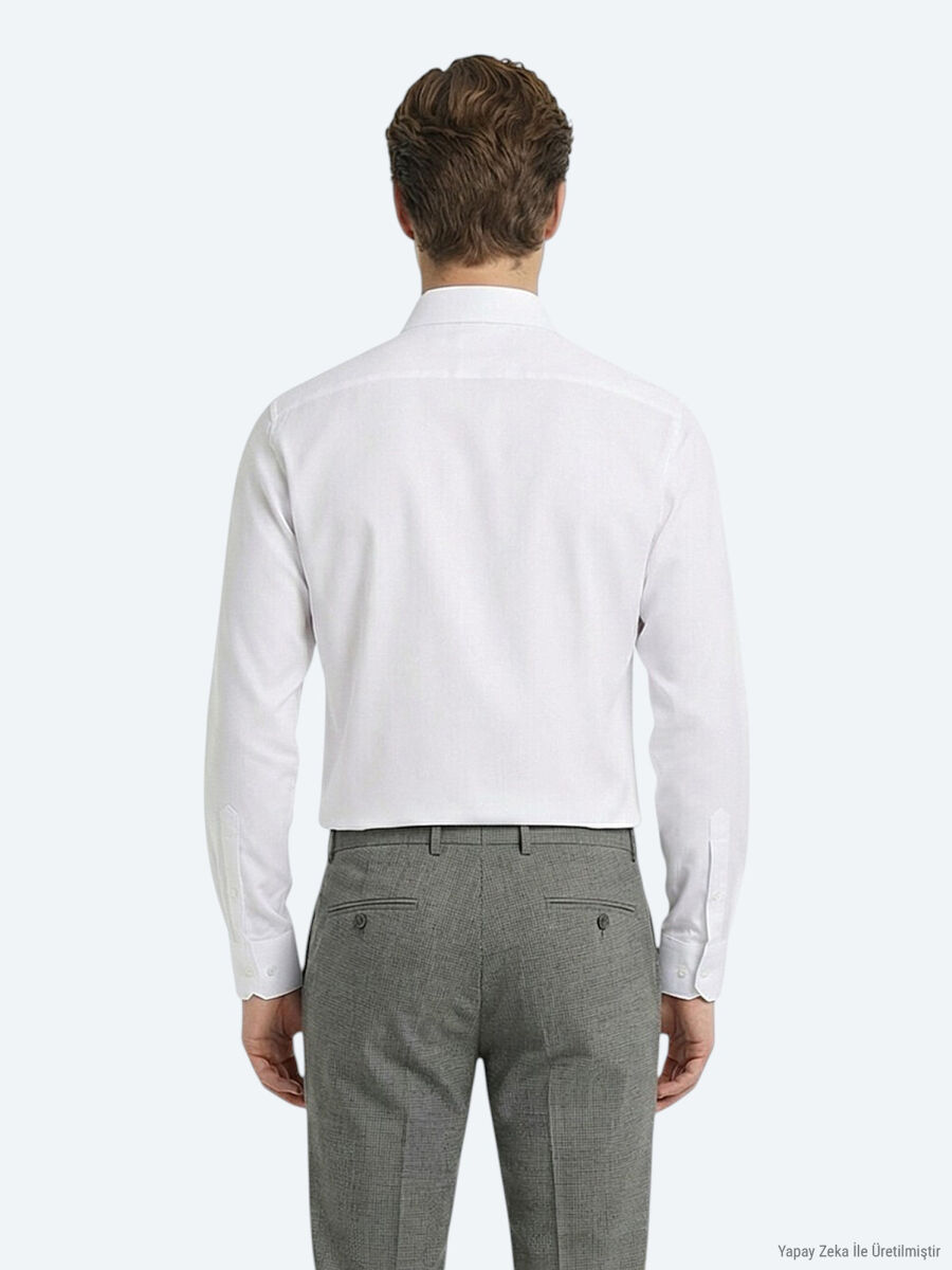 Beyaz Düz Slim Fit Uzun Dokuma Klasik Pamuk Karışımlı Gömlek - 4