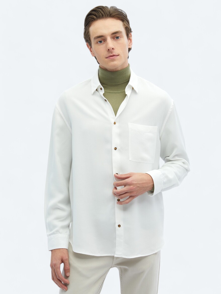 Beyaz Fitilli Oversize Fit Uzun Dokuma Casual Gömlek - 3