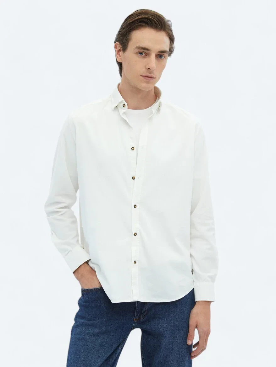 Beyaz Fitilli Regular Fit Dokuma Kadife Casual %100 Pamuk Gömlek - 1