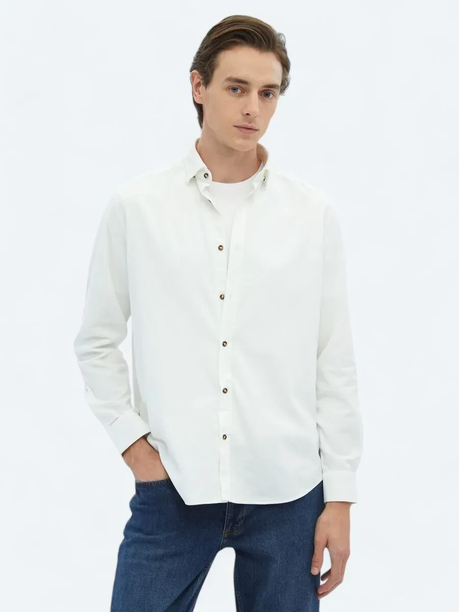Beyaz Fitilli Regular Fit Dokuma Kadife Casual %100 Pamuk Gömlek - 1