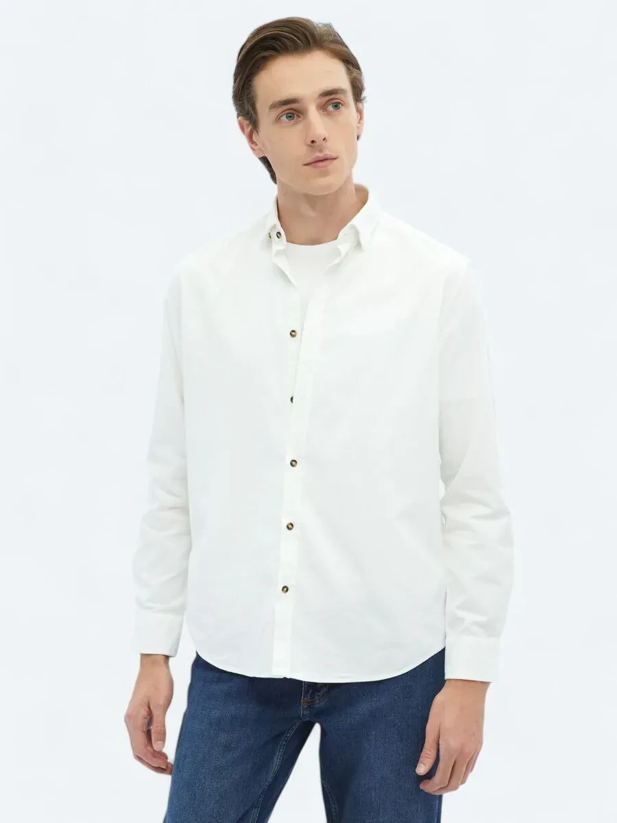 Beyaz Fitilli Regular Fit Dokuma Kadife Casual %100 Pamuk Gömlek - 3