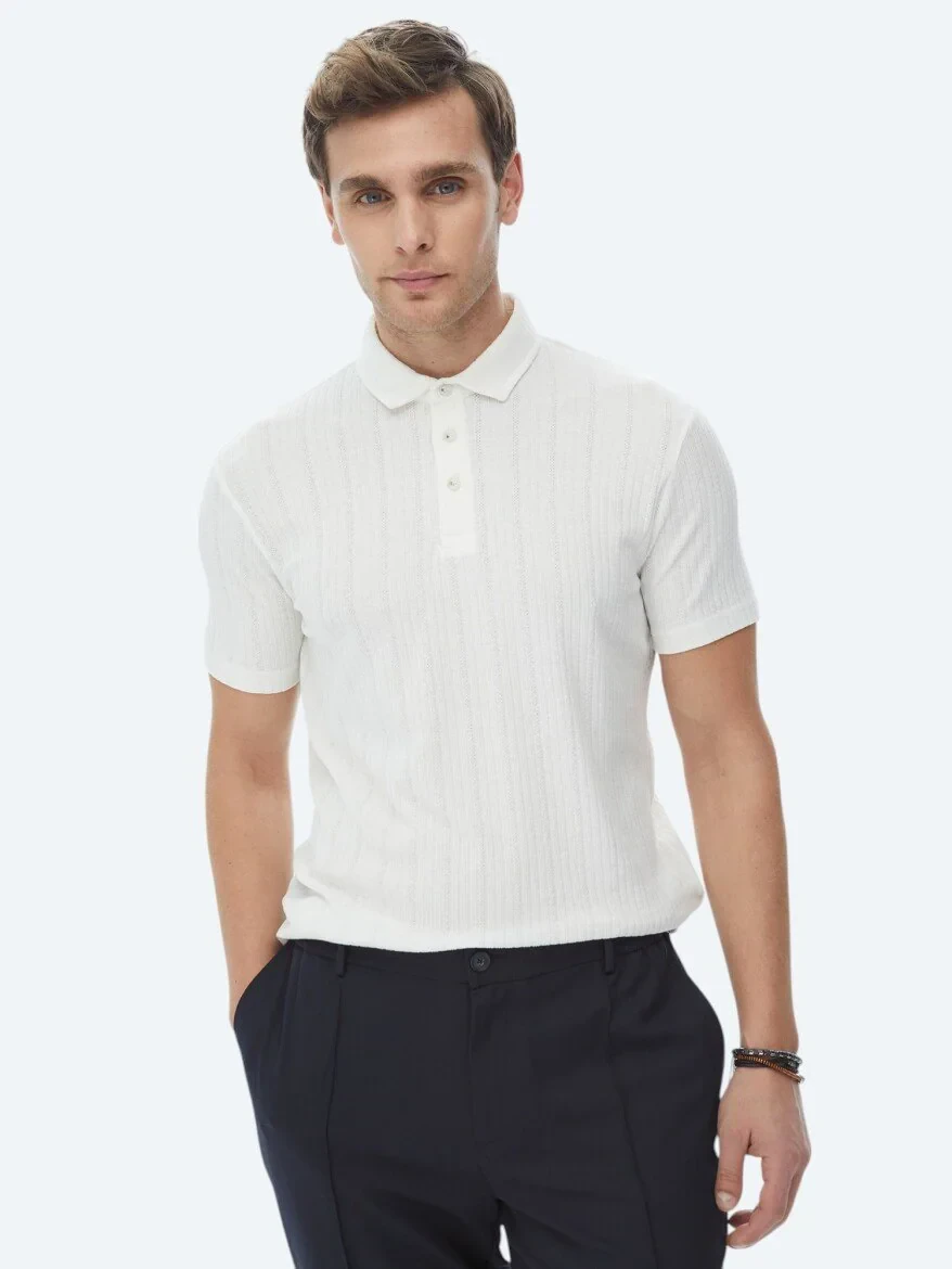 Beyaz Jakarlı Polo Yaka Pamuk Karışımlı T-Shirt - 2