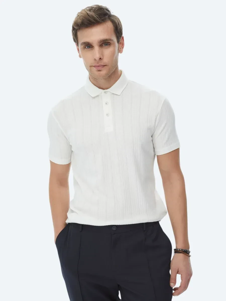 Beyaz Jakarlı Polo Yaka Pamuk Karışımlı T-Shirt - 2