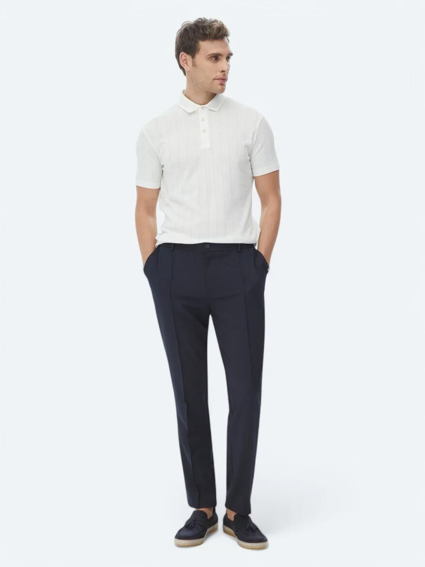 Beyaz Jakarlı Polo Yaka Pamuk Karışımlı T-Shirt - 3