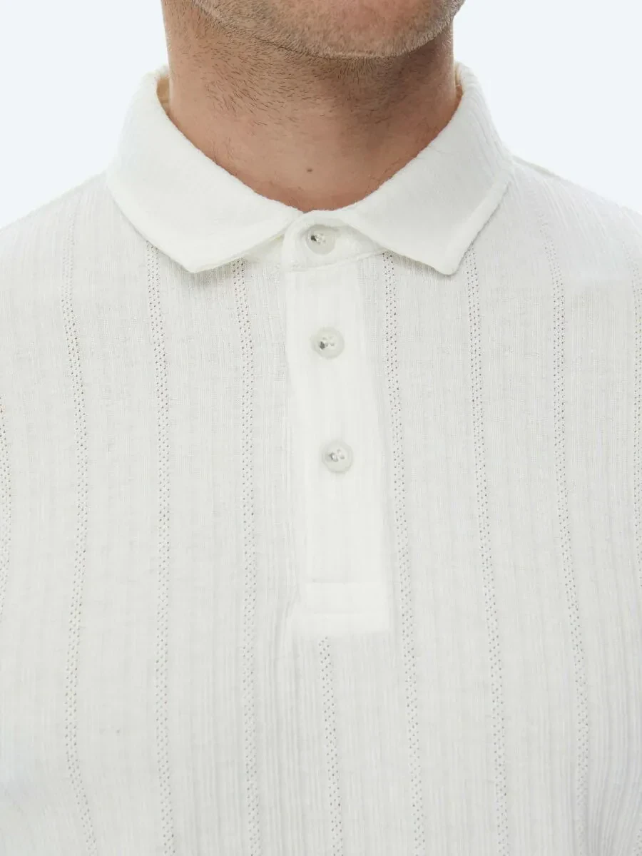 Beyaz Jakarlı Polo Yaka Pamuk Karışımlı T-Shirt - 5