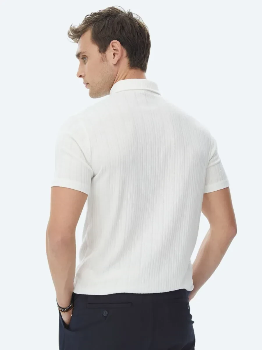 Beyaz Jakarlı Polo Yaka Pamuk Karışımlı T-Shirt - 8