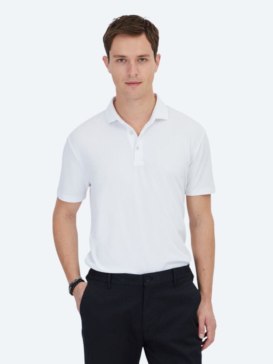 Beyaz Jakarlı Polo Yaka T-Shirt - 1