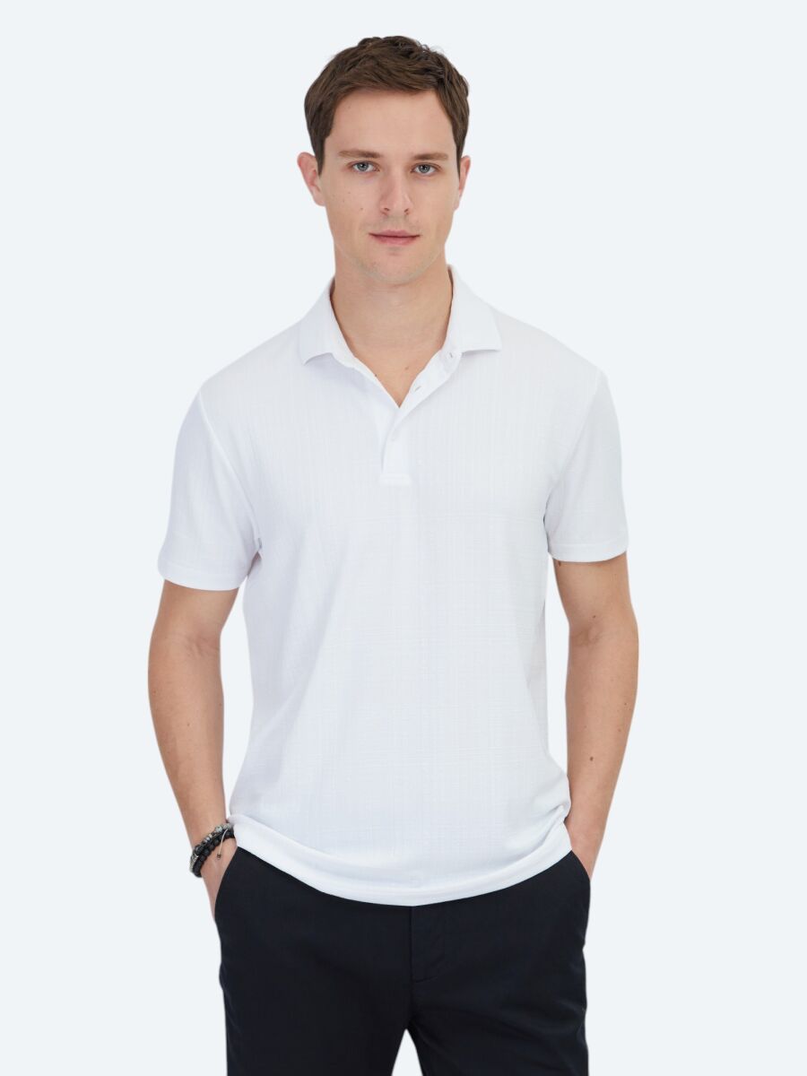 Beyaz Jakarlı Polo Yaka T-Shirt - 1