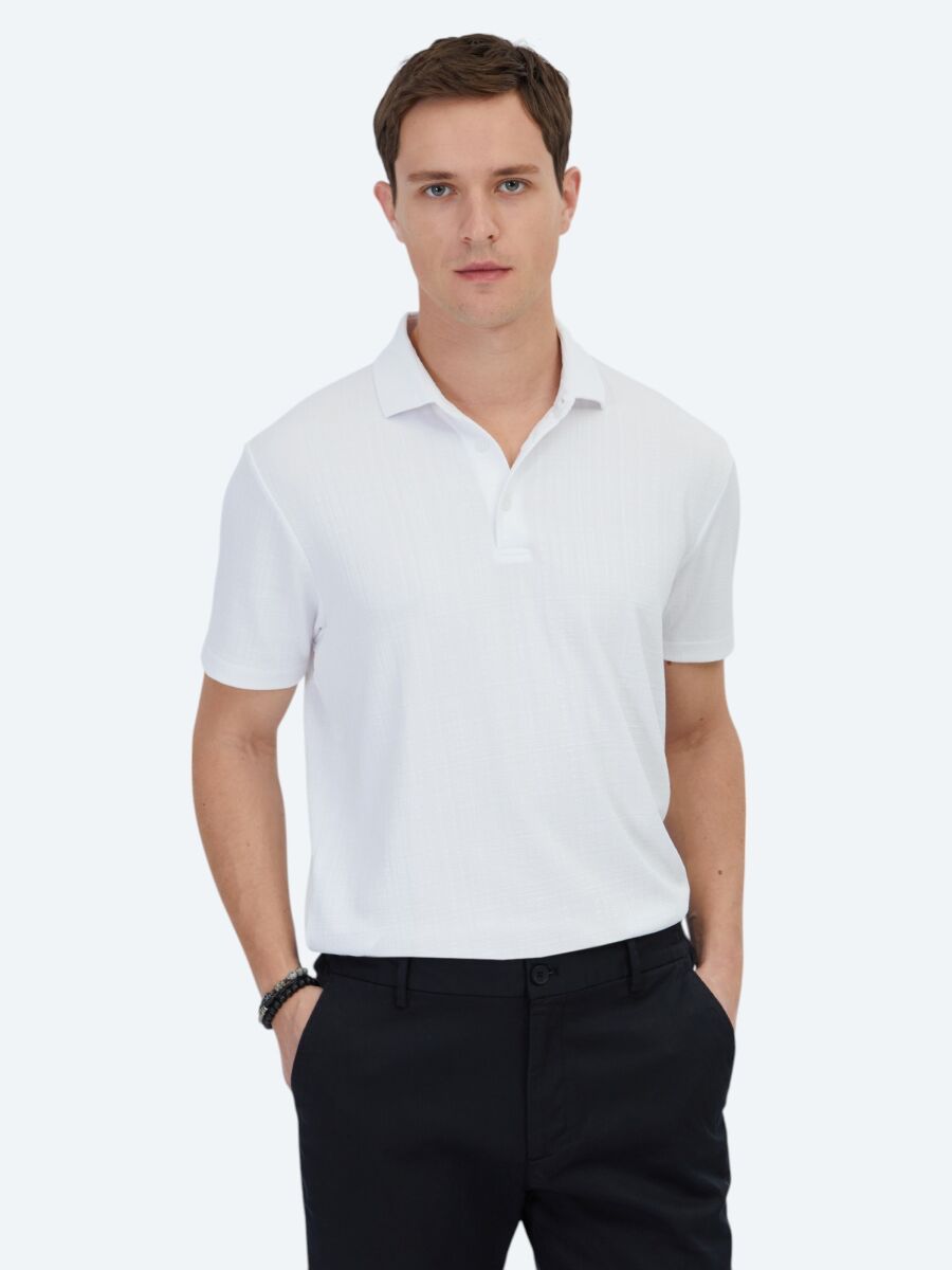 Beyaz Jakarlı Polo Yaka T-Shirt - 3