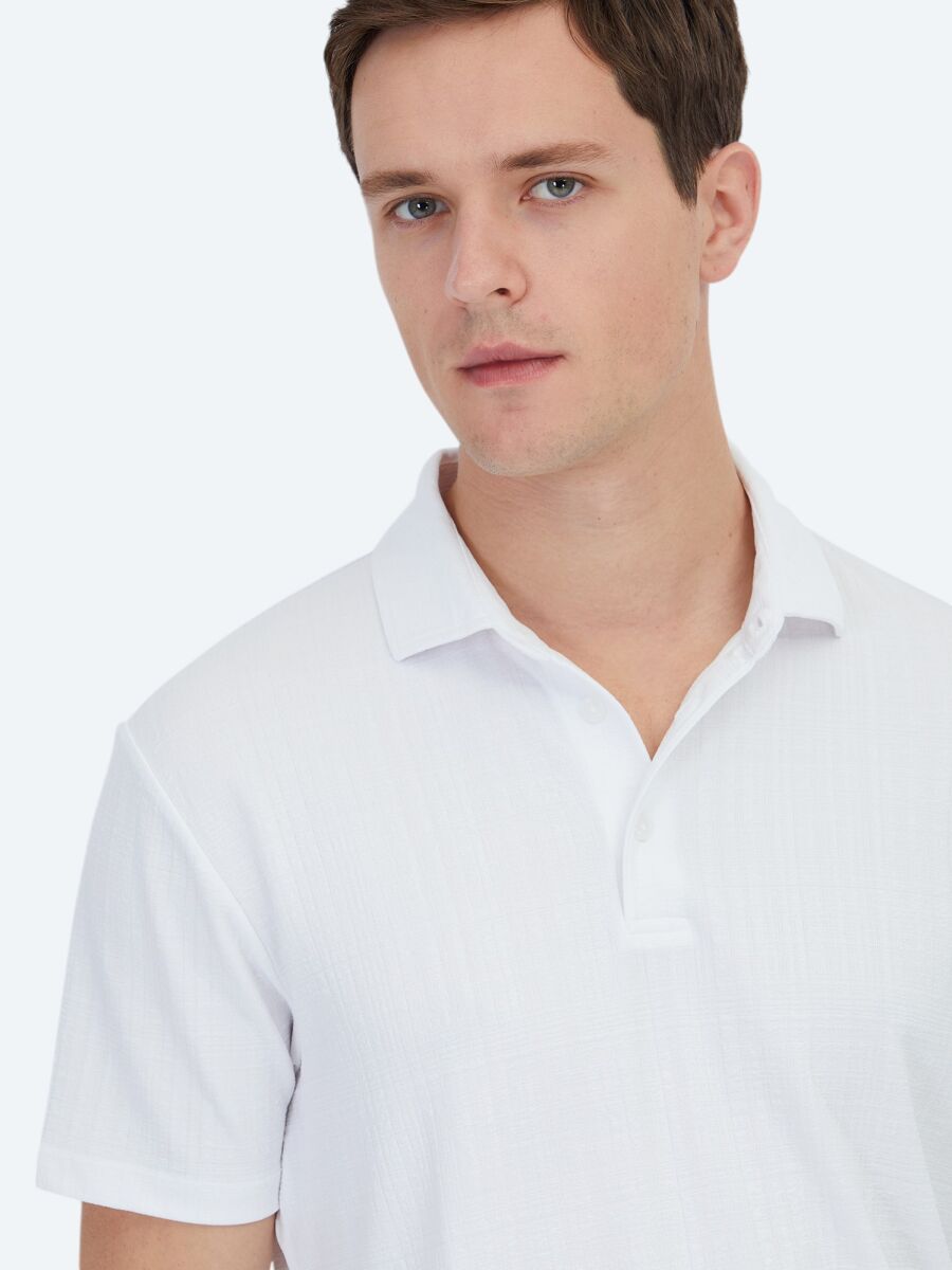 Beyaz Jakarlı Polo Yaka T-Shirt - 4