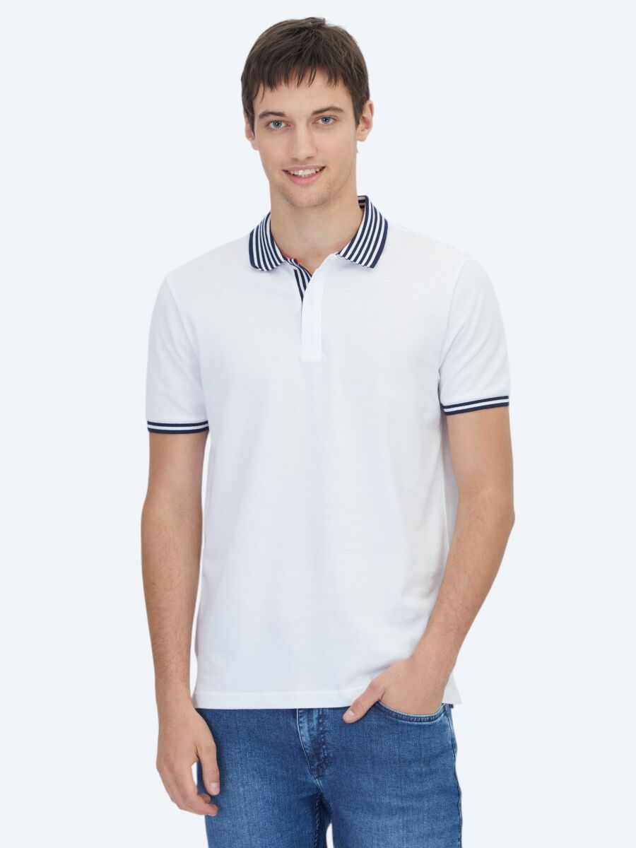 Beyaz Polo Yaka Pamuk Karışımlı T-Shirt - 1