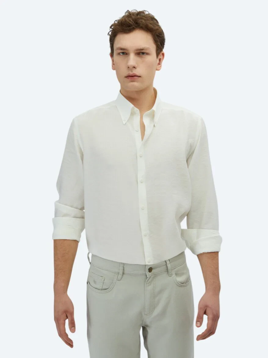 Beyaz Regular Fit Dokuma Casual Gömlek - 1