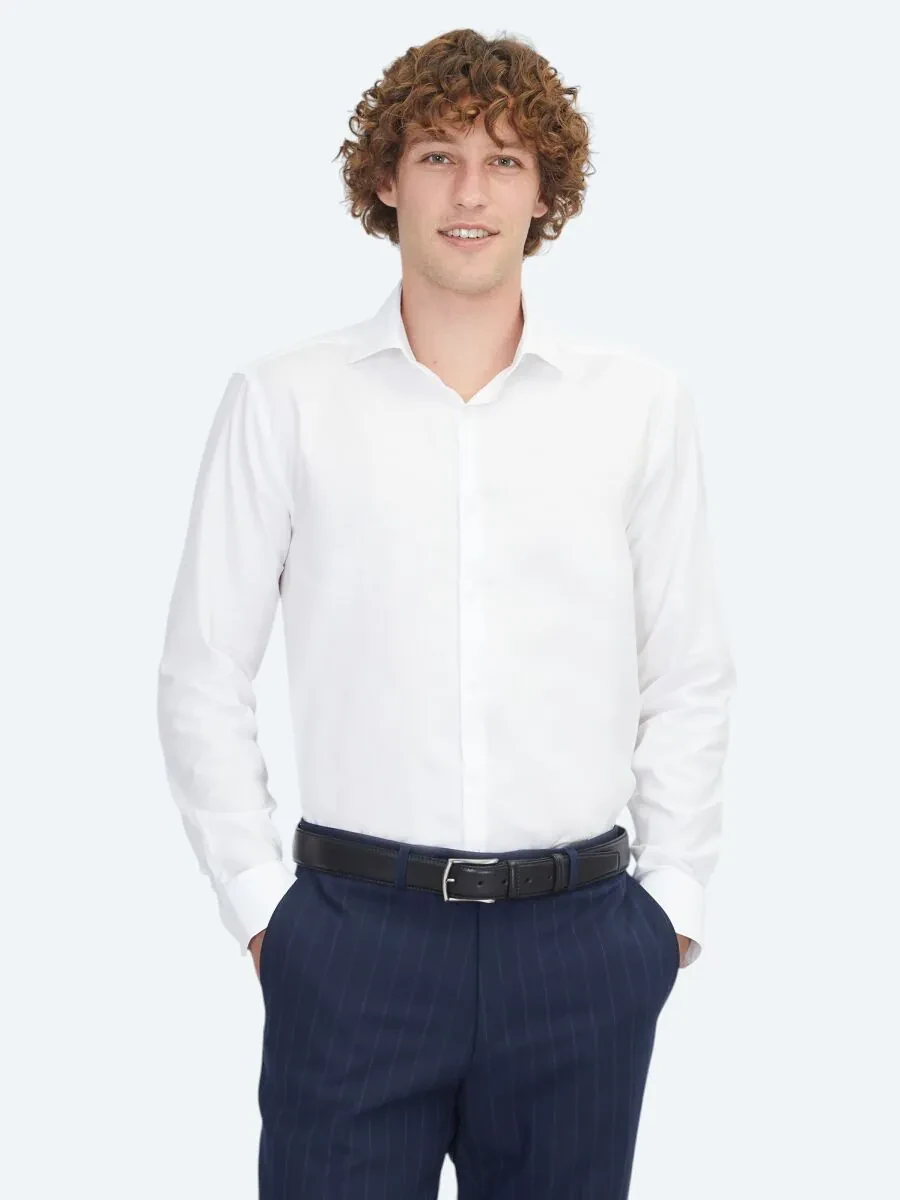 Beyaz Regular Fit Dokuma Klasik %100 Pamuk Gömlek - 1