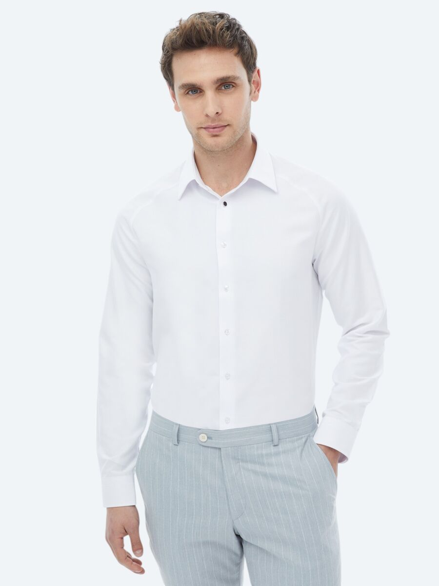 Beyaz Regular Fit Dokuma Klasik Pamuk Karışımlı Gömlek - 3