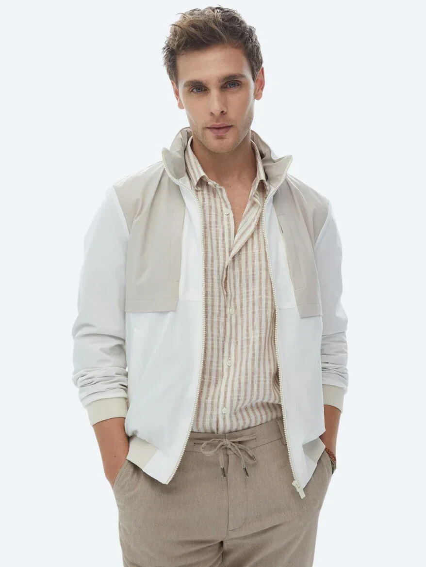 Beyaz Regular Fit Kapüşonlu Casual Dokuma Mont - 2