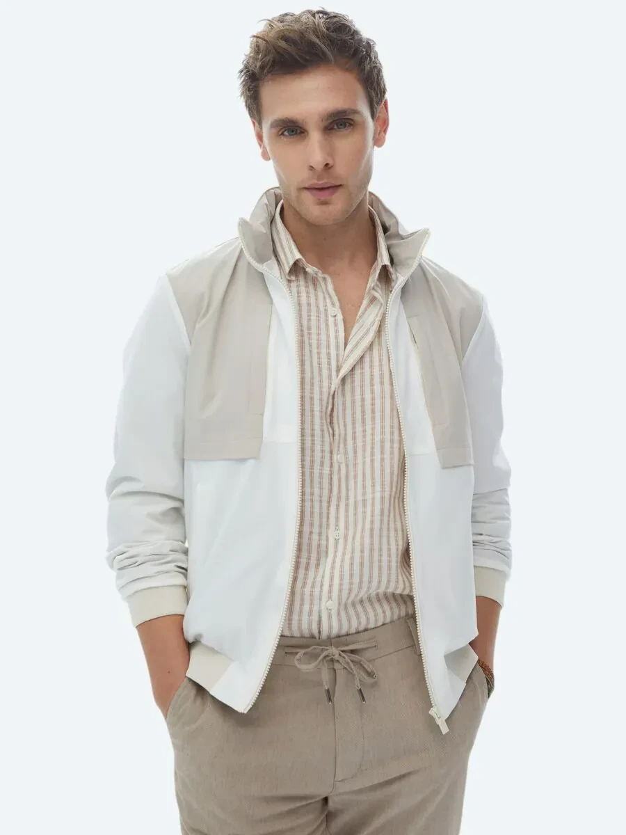 Beyaz Regular Fit Kapüşonlu Casual Dokuma Mont - 2