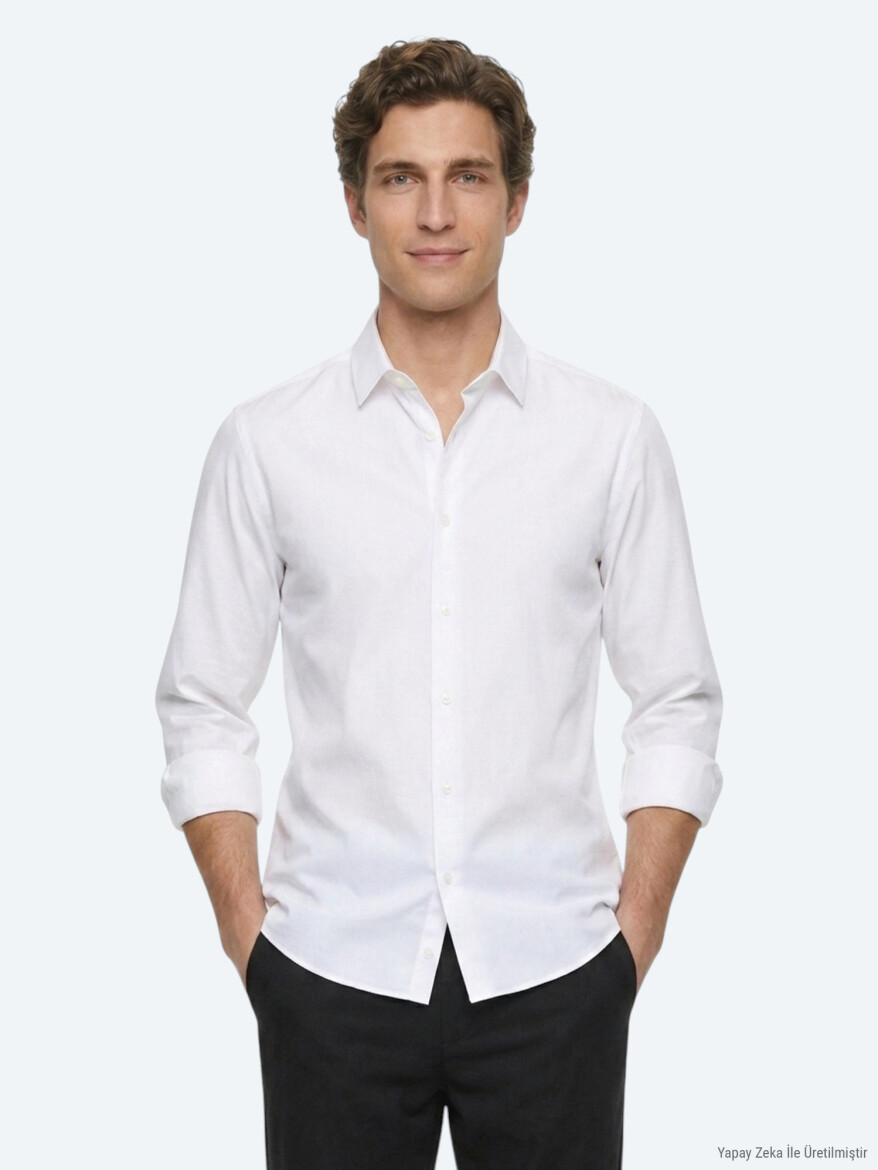 Beyaz Regular Fit Uzun Dokuma Casual %100 Pamuk Gömlek - KİP
