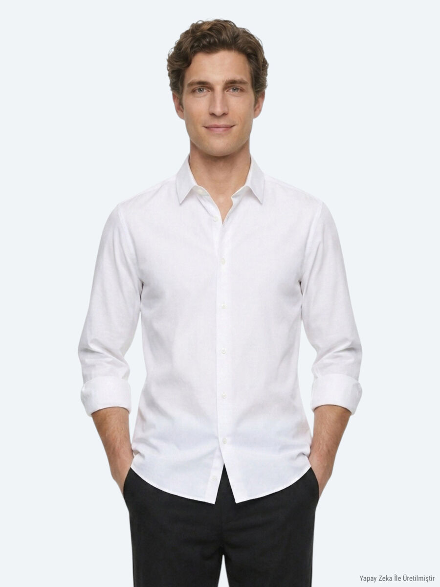 Beyaz Regular Fit Uzun Dokuma Casual %100 Pamuk Gömlek - 1