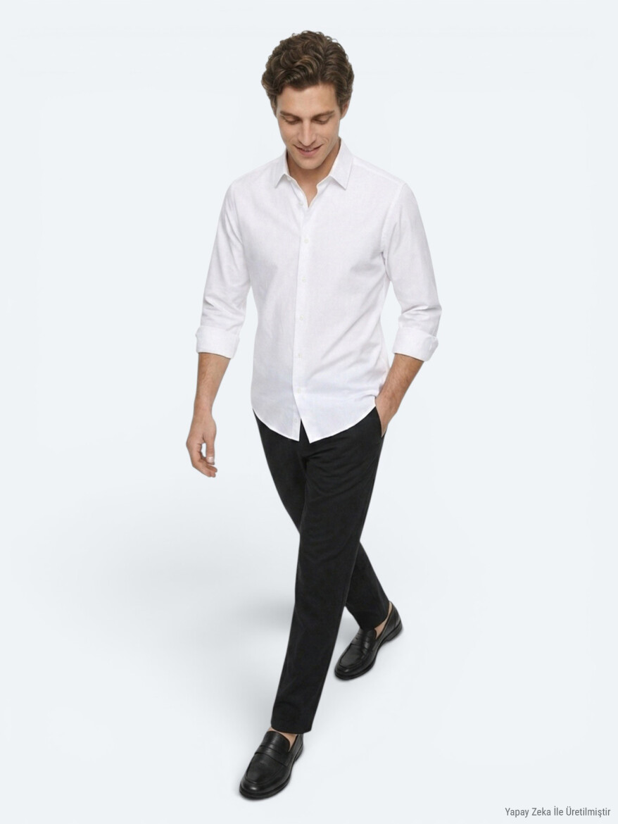 Beyaz Regular Fit Uzun Dokuma Casual %100 Pamuk Gömlek - KİP