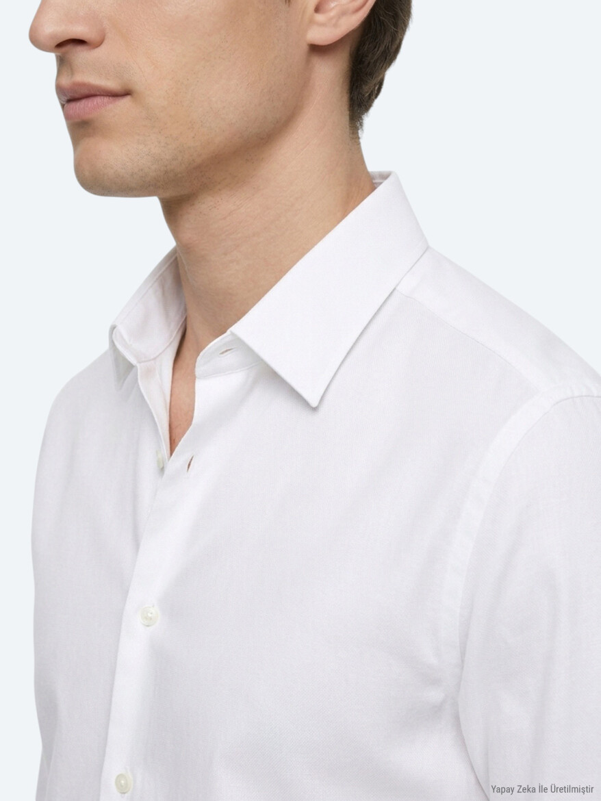 Beyaz Regular Fit Uzun Dokuma Casual %100 Pamuk Gömlek - 3